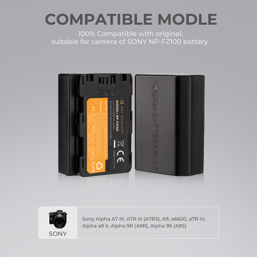 NP-FZ100 Battery Charger Set for Sony Alpha A7 III, A7R III (A7R3), A9, a6600, a7R IV, Alpha a9 II (2-Pack, Micro USB Port, 2280mAH) NP-FZ100 Battery Charger Set for Sony Alpha A7 III, A7R III (A7R3), A9, a6600, a7R IV, Alpha a9 II (2-Pack, Micro USB Port, 2280mAH)
